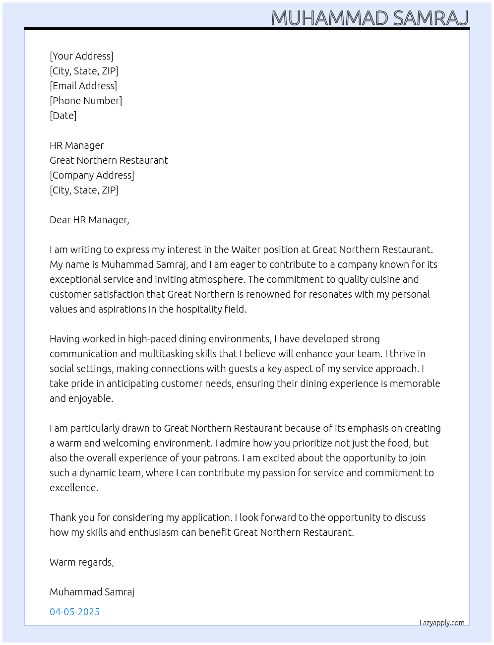 Waiter At Great Northern Restaurant Cover Letter