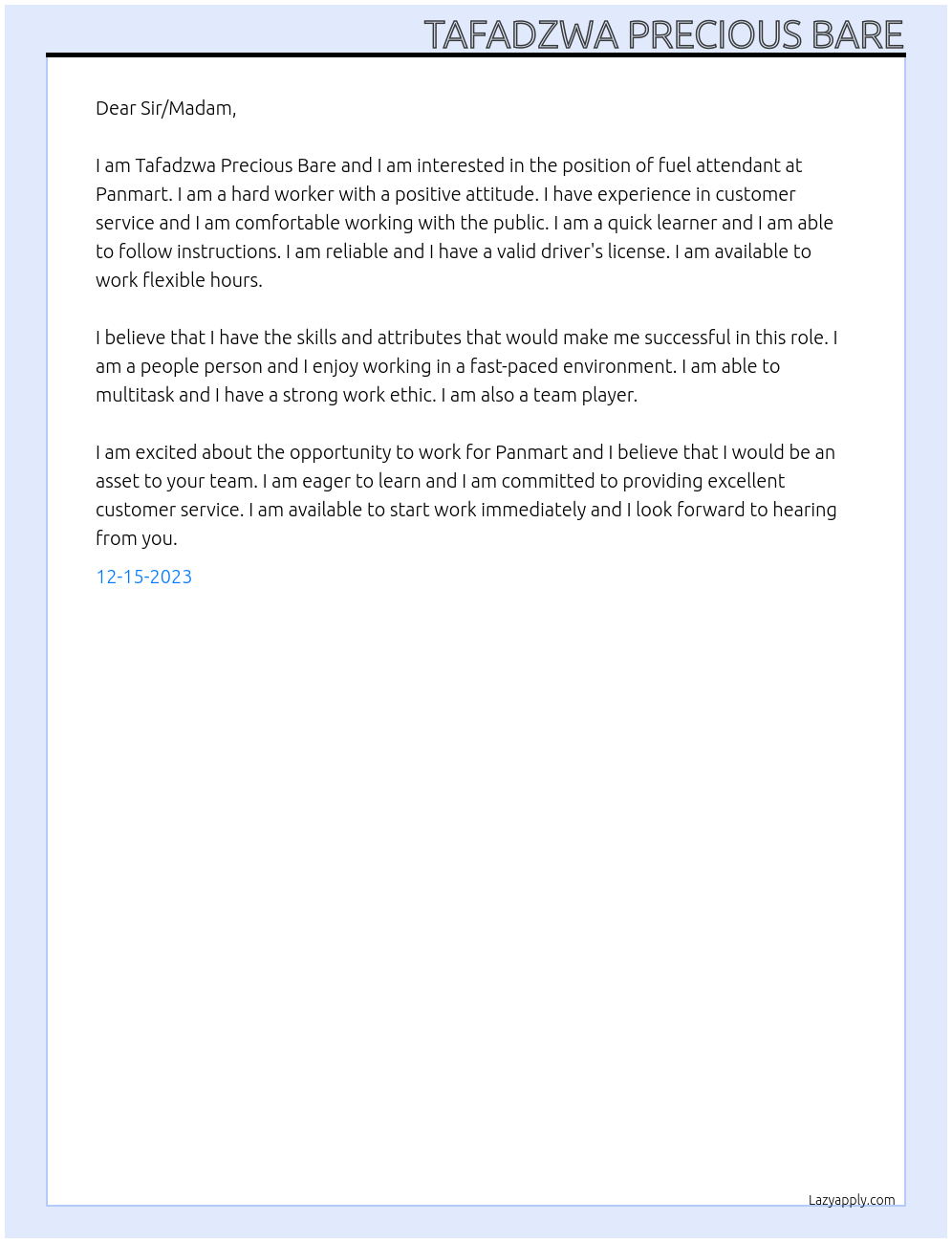 Fuel attendant At Panmart Cover Letter