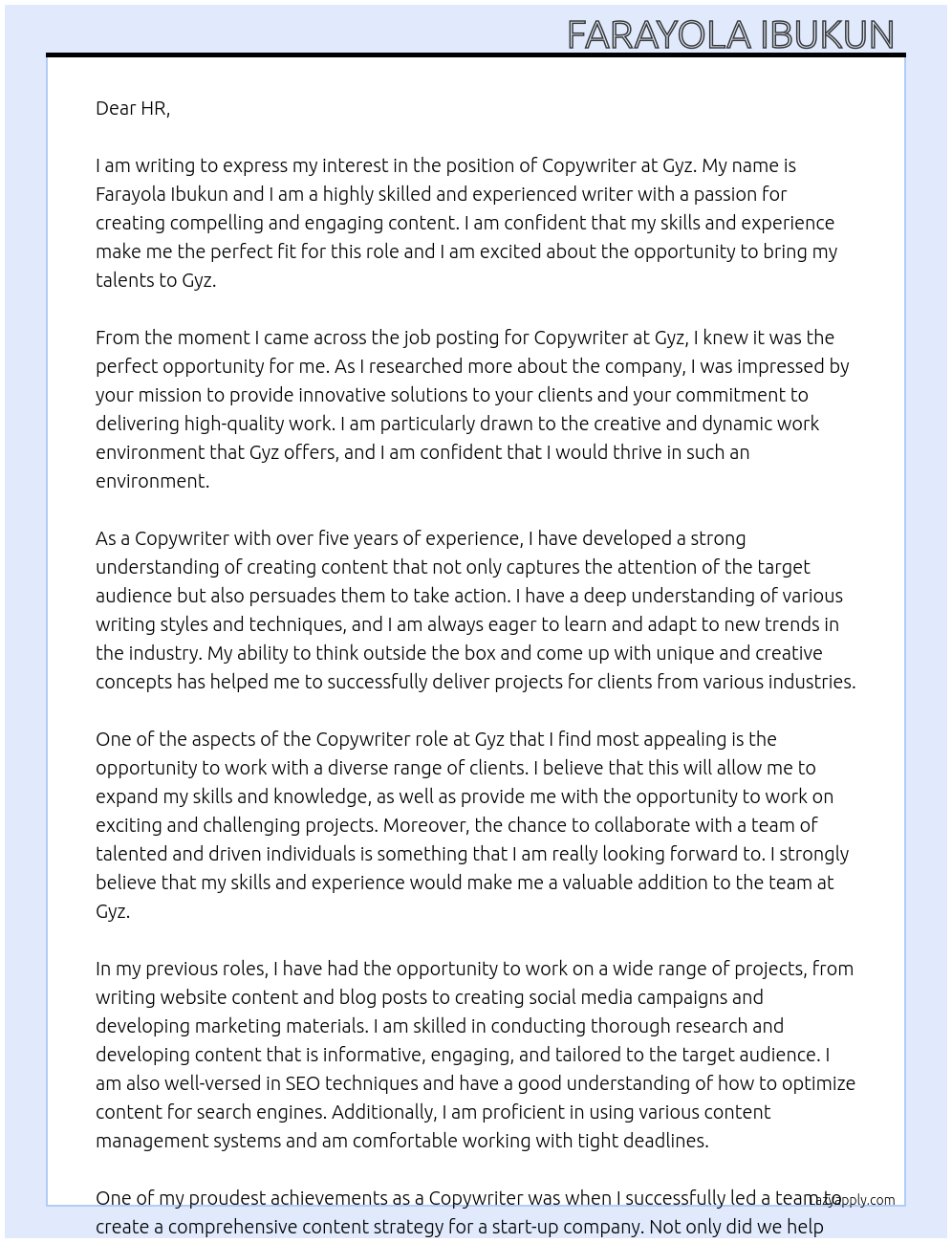 Copywriter At Gyz Cover Letter