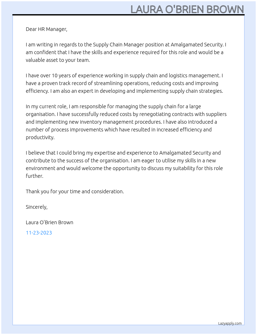 Supply Chain Manager  At Amalgamated Security  Cover Letter