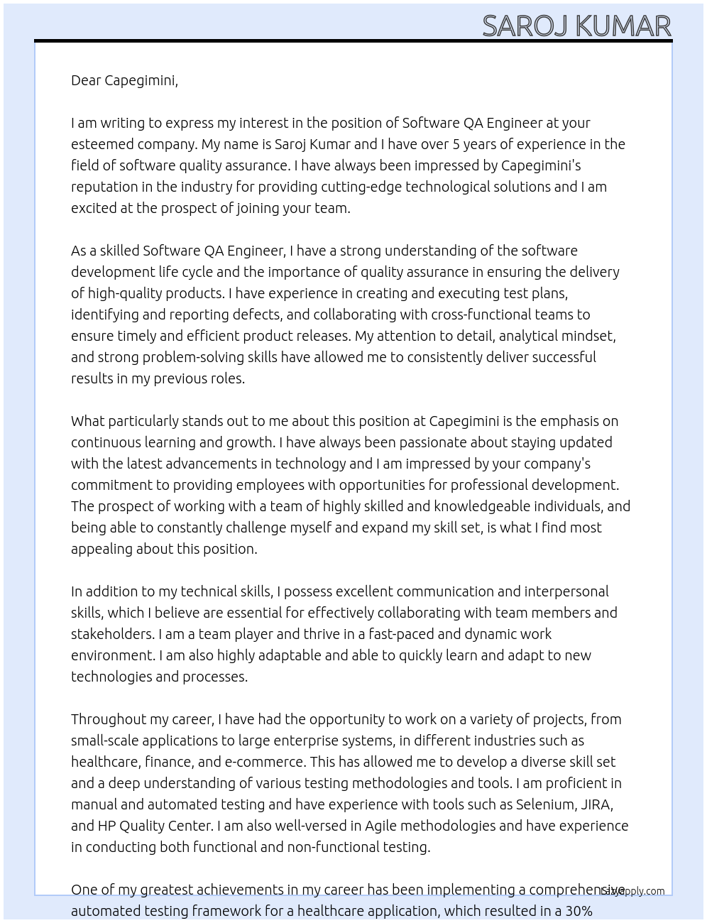 Software QA Engineer At Capegimini Cover Letter