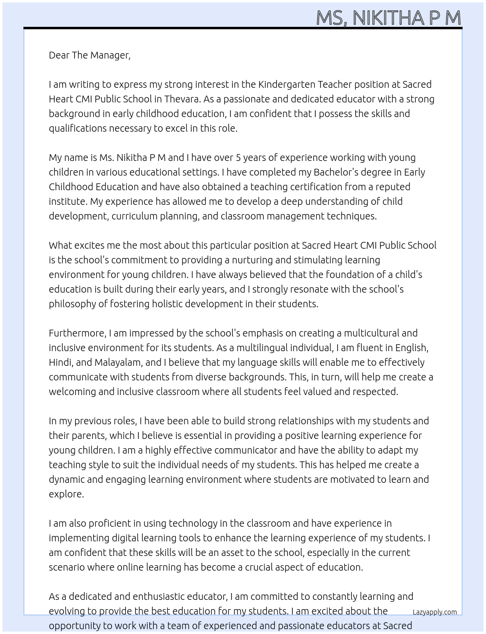 Kindergarten Teacher At Sacred Heart CMI Public School, Thevara Cover Letter