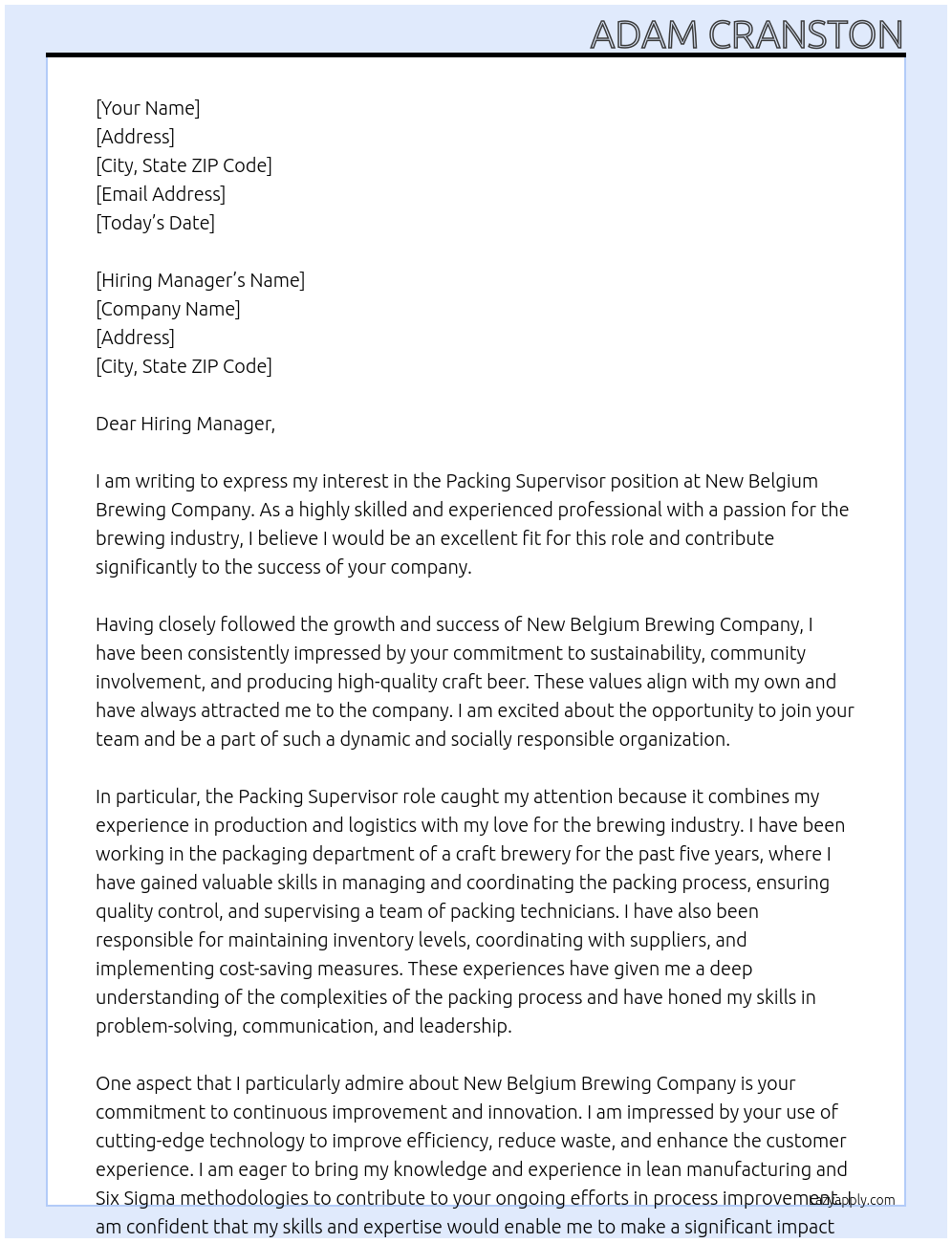 Packing Supervisor At New Belgium Brewing Compay Cover Letter