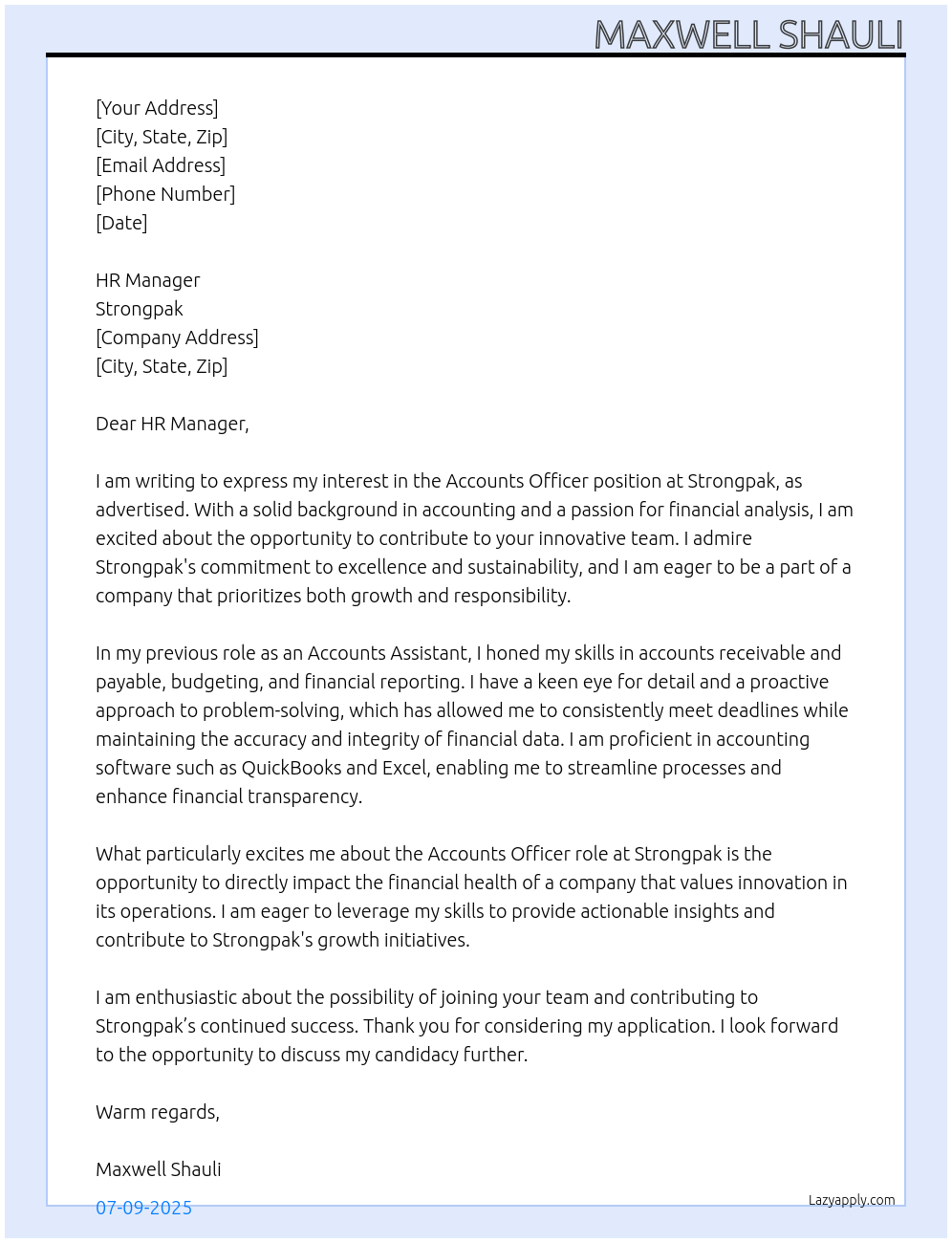 Accounts Officer At Strongpak Cover Letter