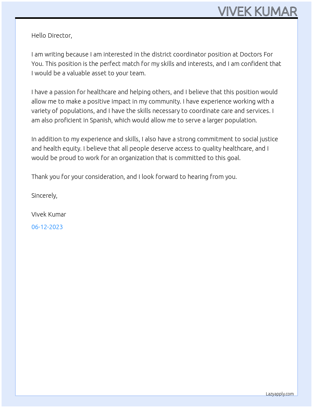 district coordinator At Doctors For You Cover Letter
