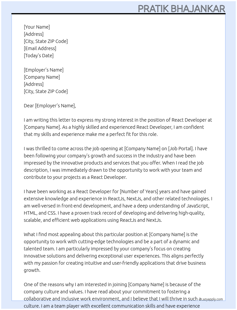React Developer At rfr Cover Letter