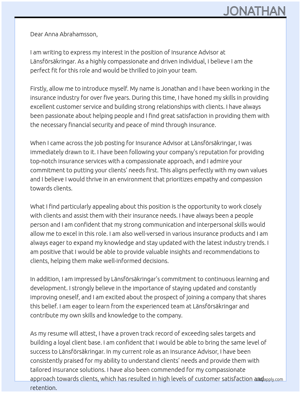 Insurance Advisor At Länsförsäkringar Cover Letter