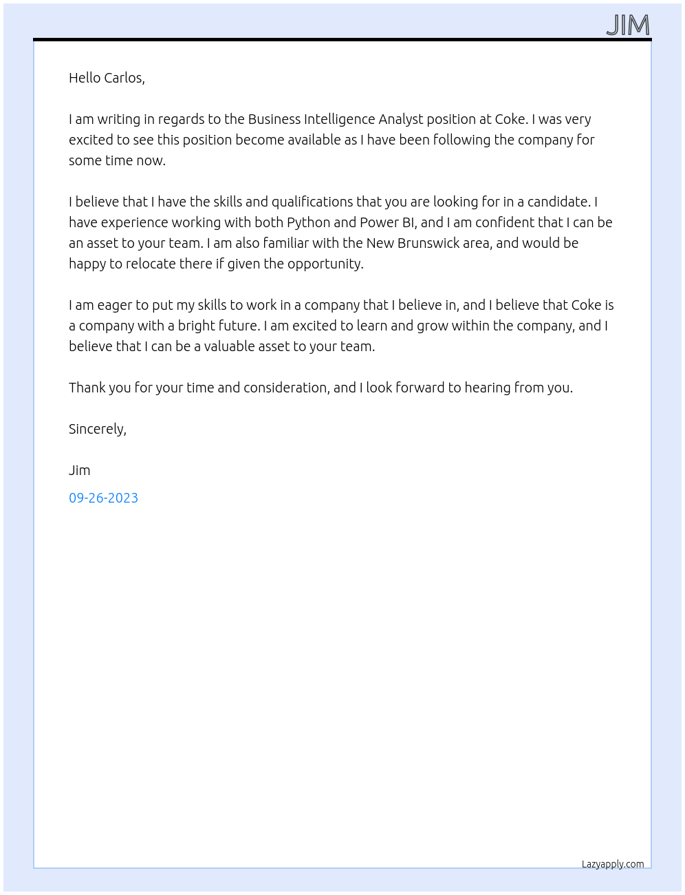 Business Intelligence Analyst At Coke Cover Letter