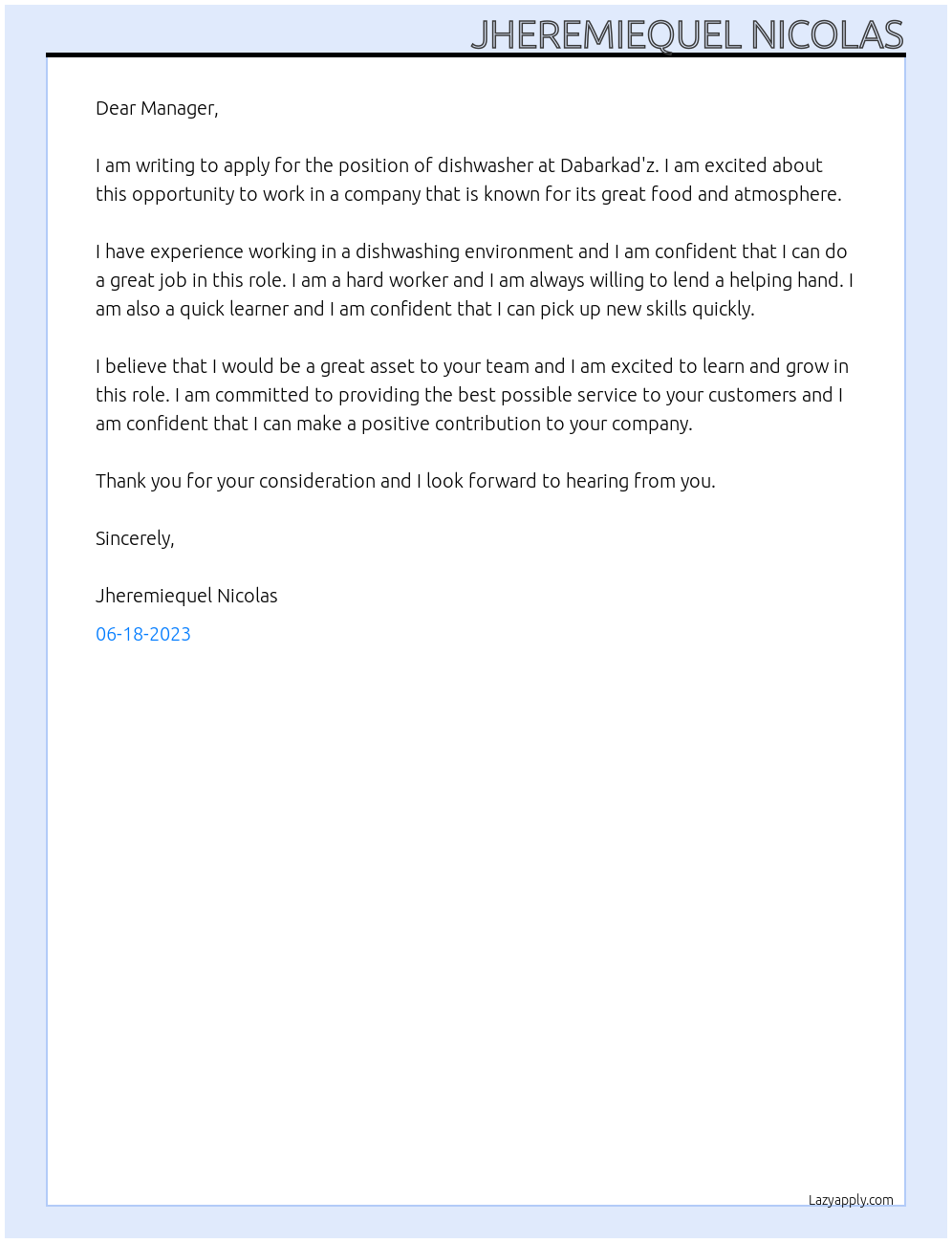 Dishwasher At Dabarkad'z Cover Letter