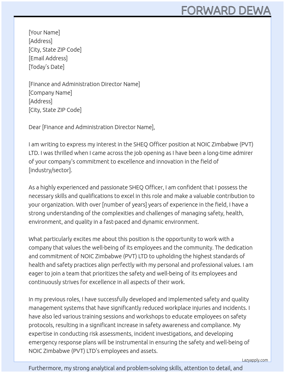 SHEQ Officer At NOIC Zimbabwe (PVT) LTD Cover Letter