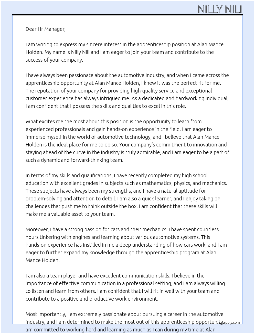 apprenticeship At Alan Mance Holden Cover Letter