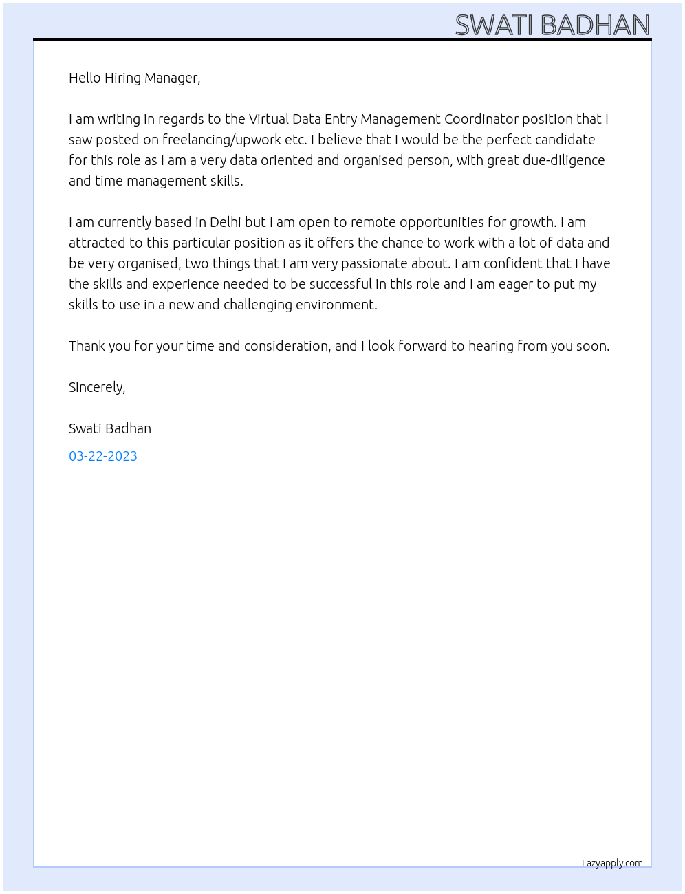 Freelancer At freelancing/upwork etc Cover Letter