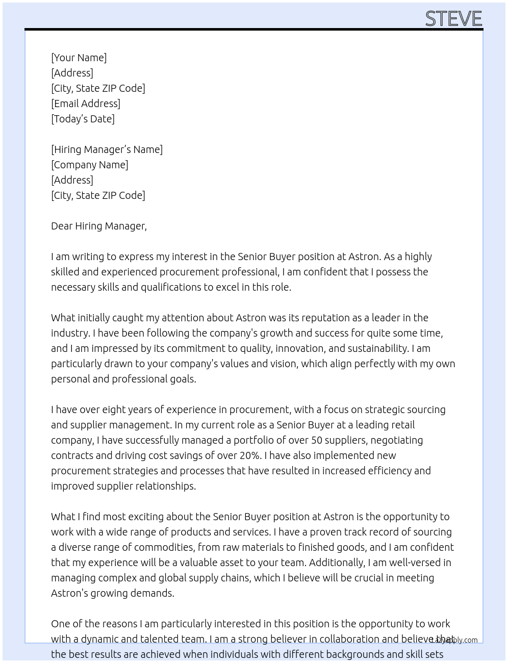 Senior Buyer At Astron Cover Letter