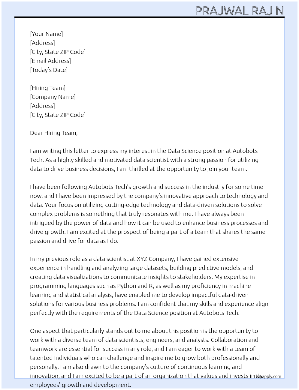 Data Science At Autobots Tech Cover Letter