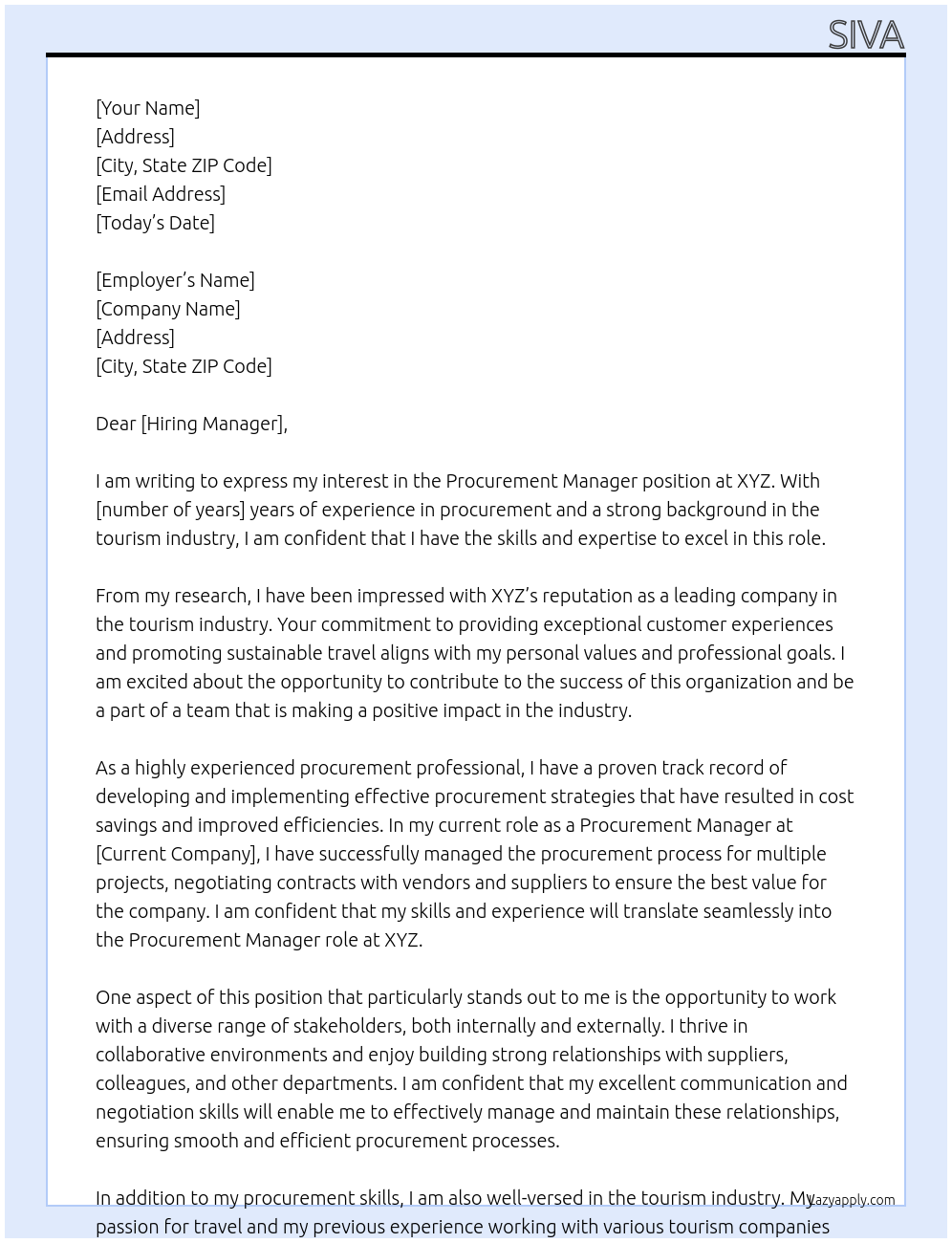 Cover letter for procurement manager tourism - LazyApply