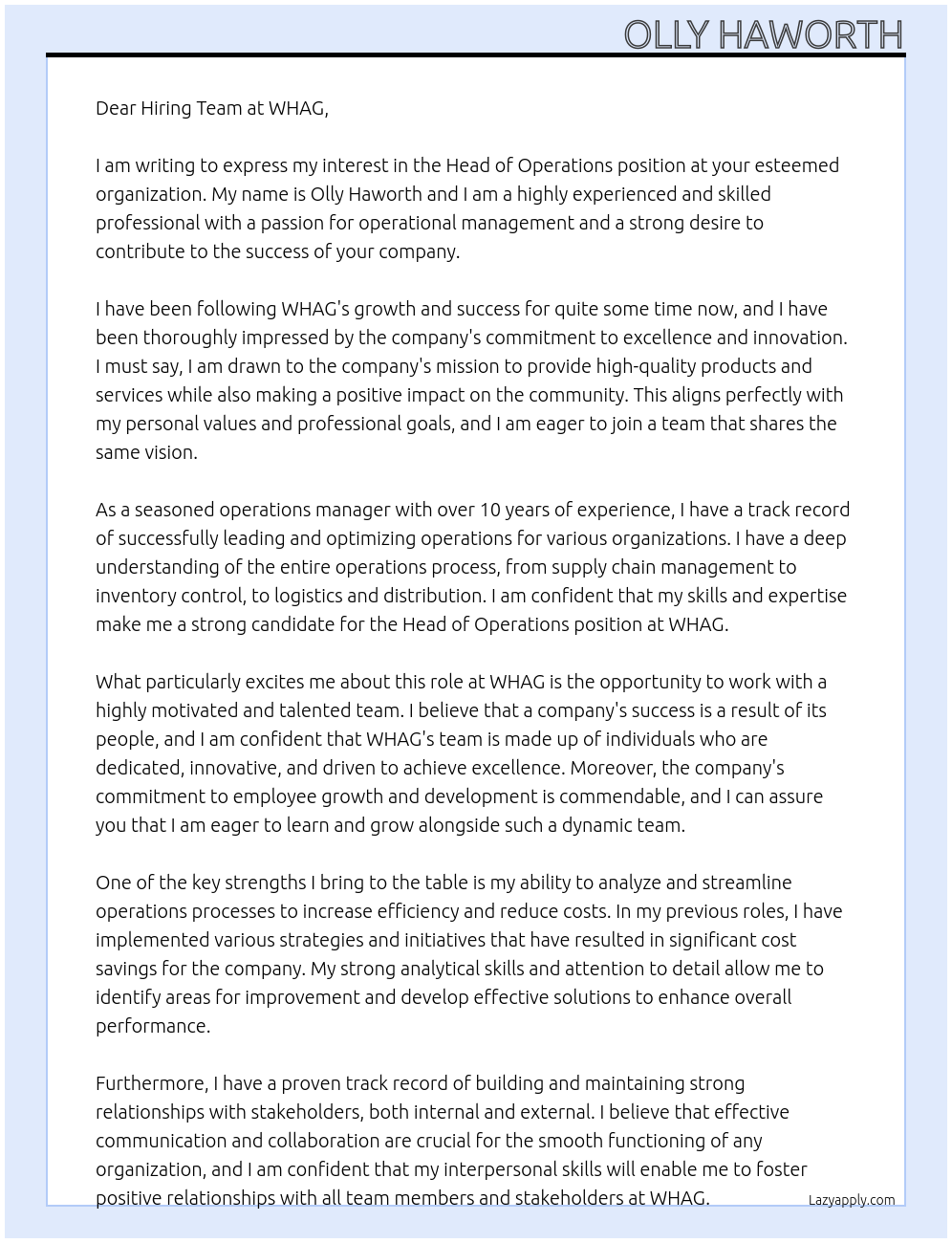 Head of operations At WHAG Cover Letter