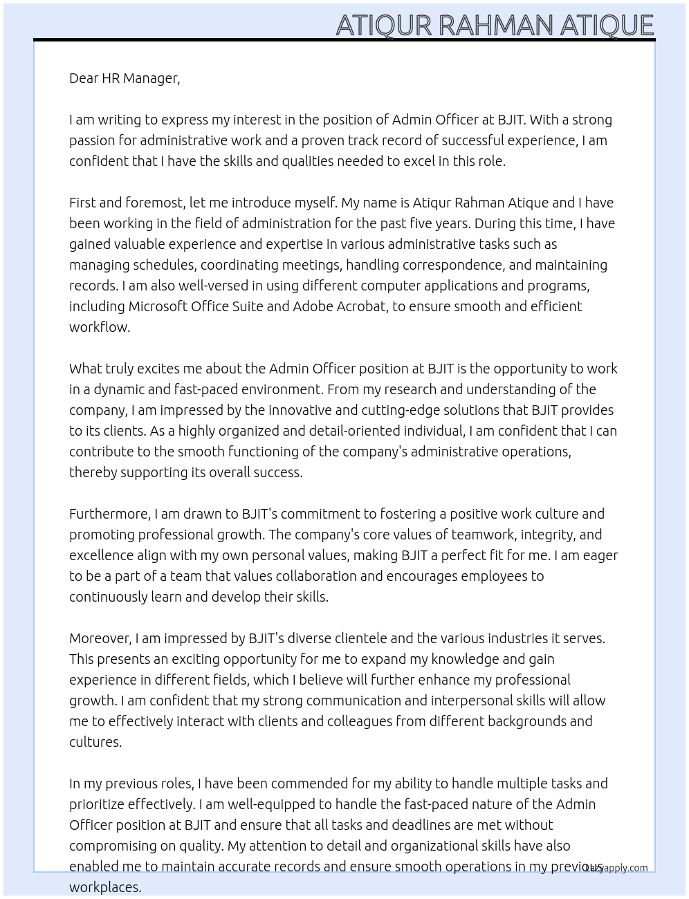 Admin Officer At Bjit Cover Letter
