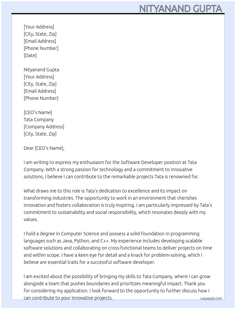 Software developer At Tata company Cover Letter