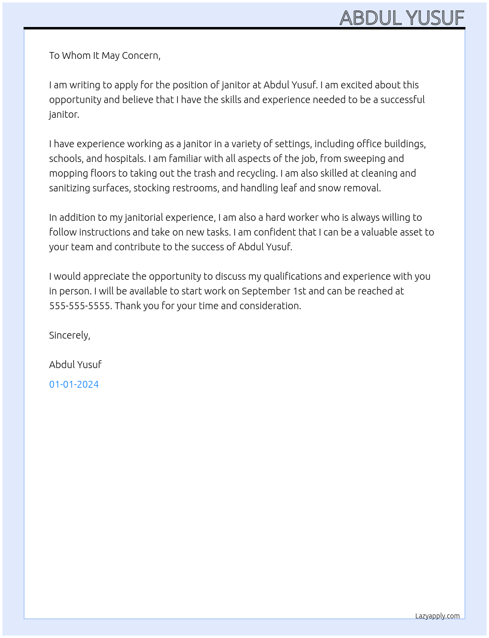 JANITOR At Abdul Yusuf Cover Letter