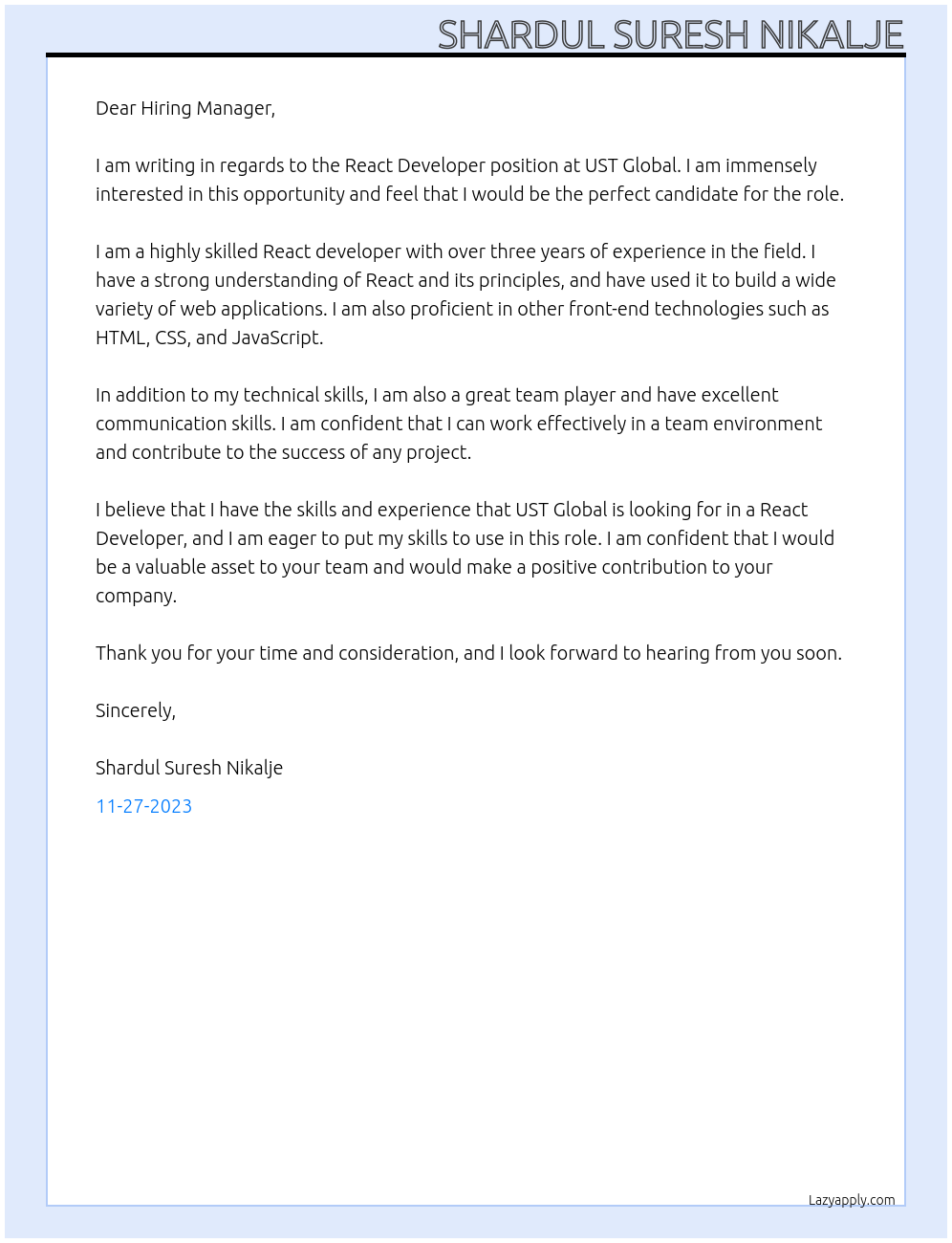 React Developer At UST global Cover Letter