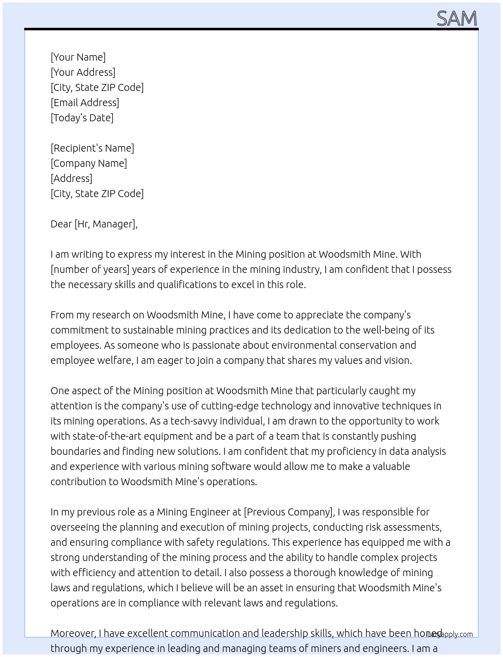 Mining At Woodsmith Mine Cover Letter