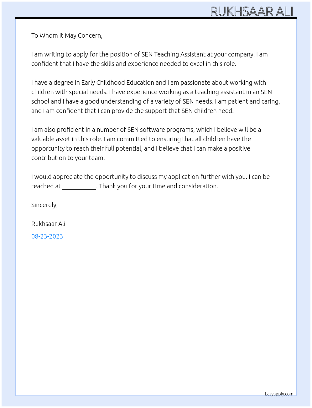 sen teaching assistant At sen  Cover Letter