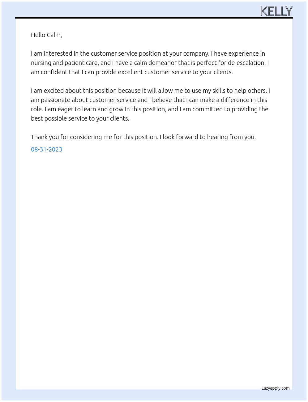 Customer Service At Calm Cover Letter