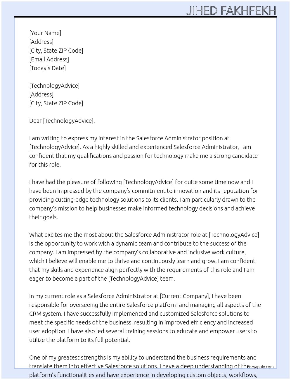 Salesforce Administrator At TechnologyAdvice Cover Letter