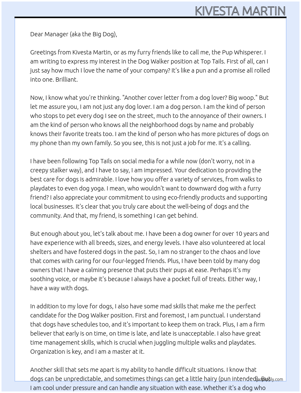 Dog walker At Top Tails Cover Letter