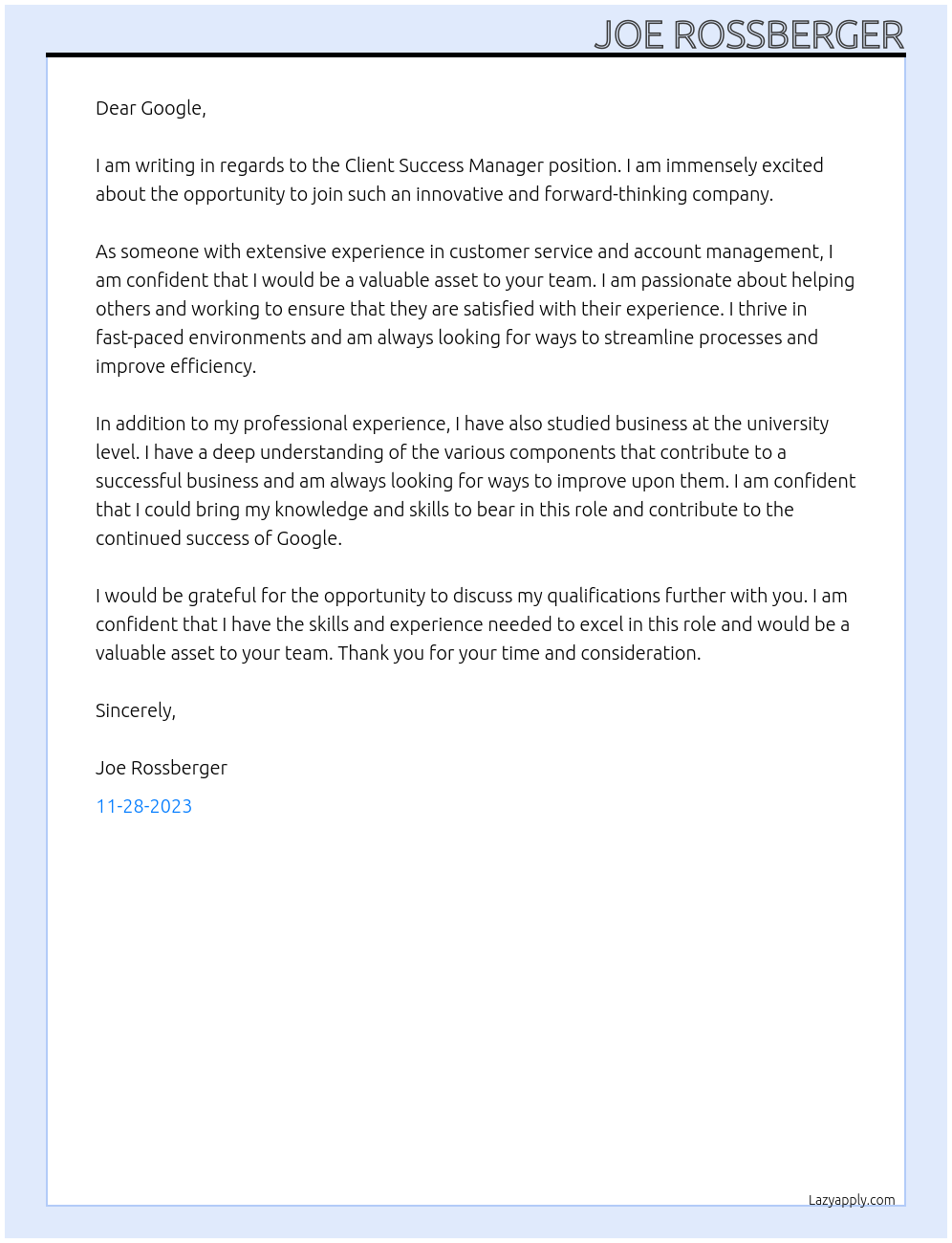 Client Success Manager At Google Cover Letter