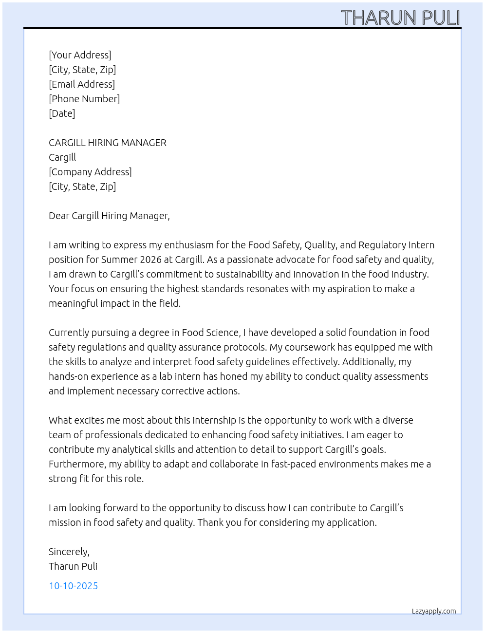 Food Safety, Quality, and Regulatory Intern – Summer 2026 At CARGILL Cover Letter