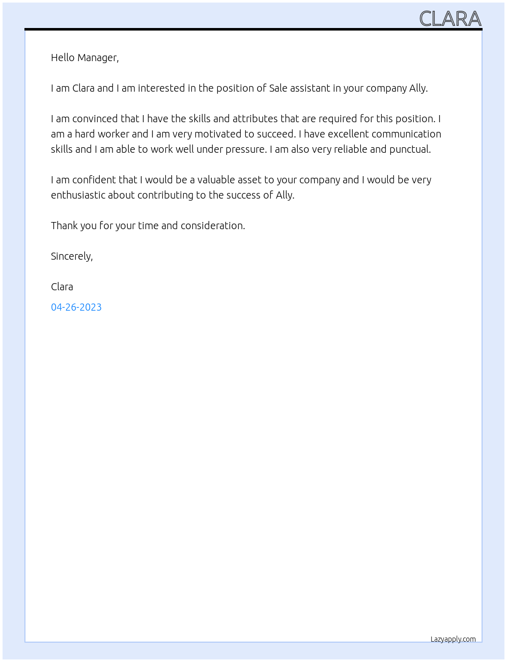 Sale assistant At Ally Cover Letter