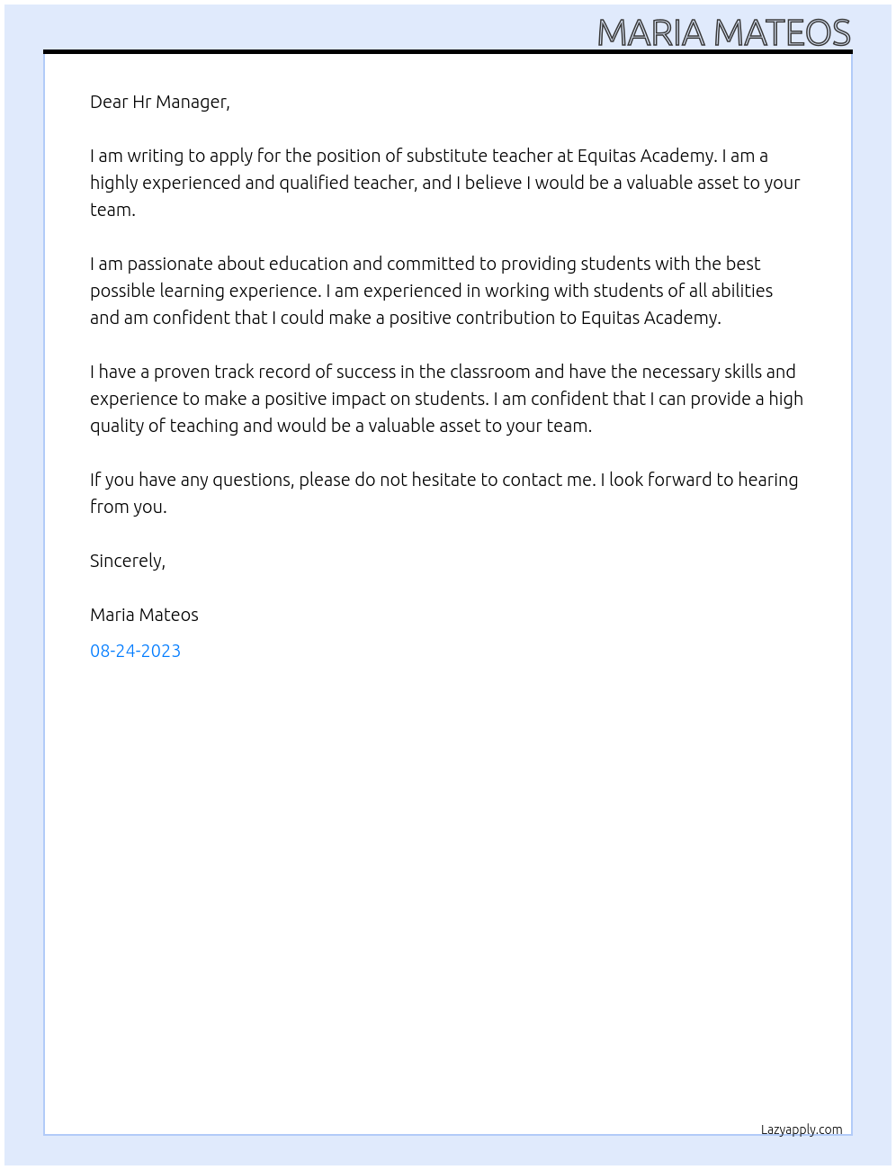 substitute teacher At Equitas Academy Cover Letter