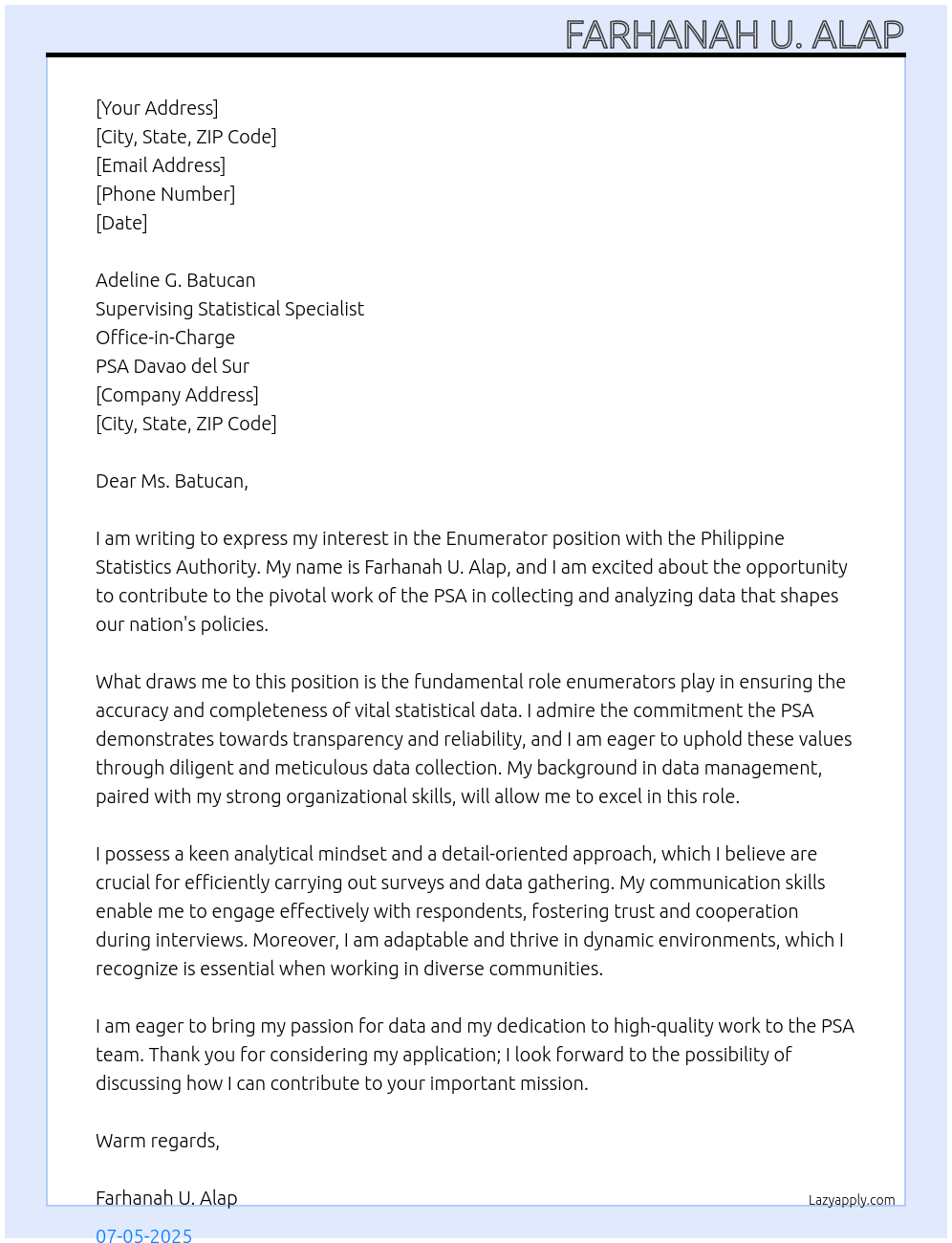 Enumerator At PSA Cover Letter