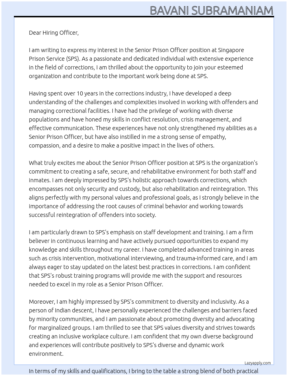 Cover letter for senior prison officer - LazyApply