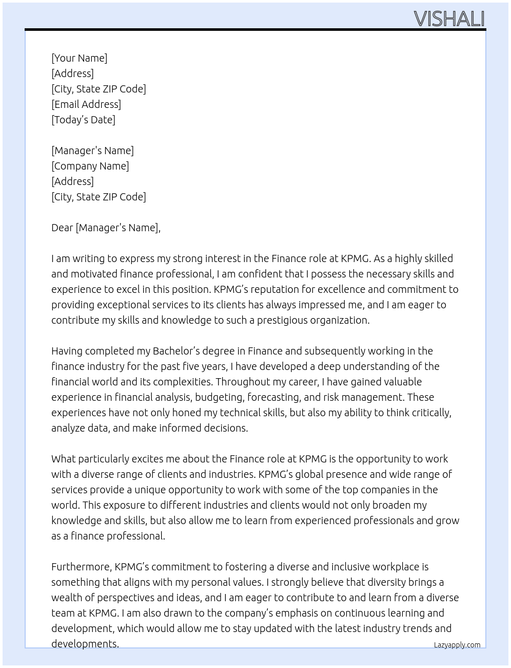 Finance role  At KPMG  Cover Letter