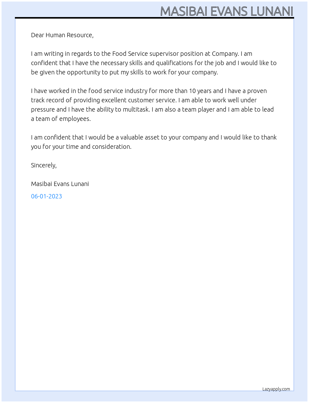 Food Service supervisor At Company Cover Letter