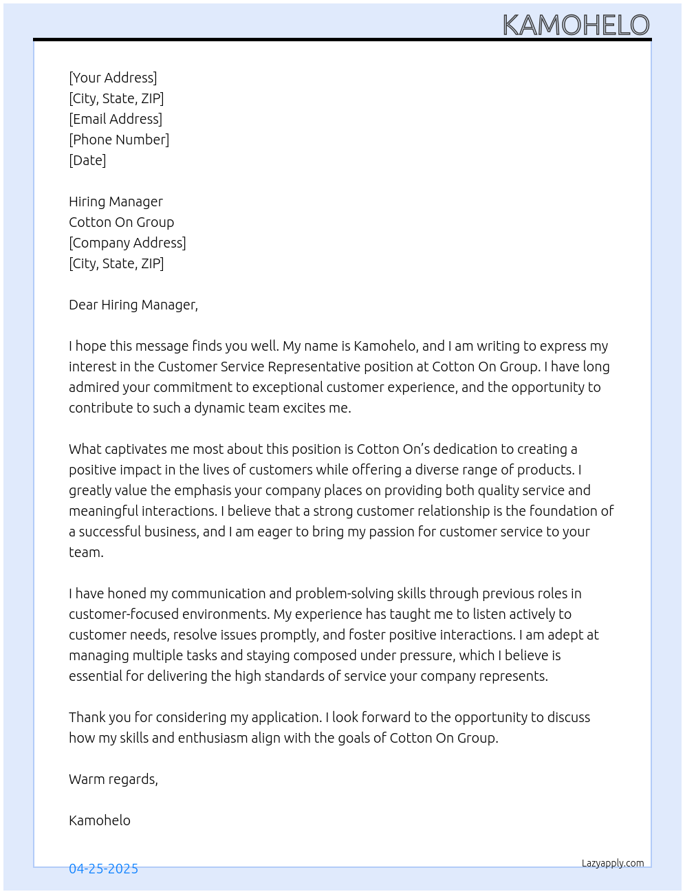 Customer service representative At Cotton On Group Cover Letter