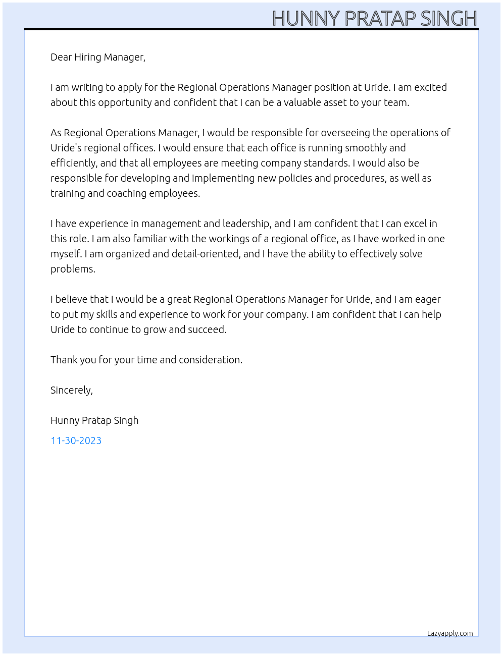 Regional Operations Manager At Uride Cover Letter