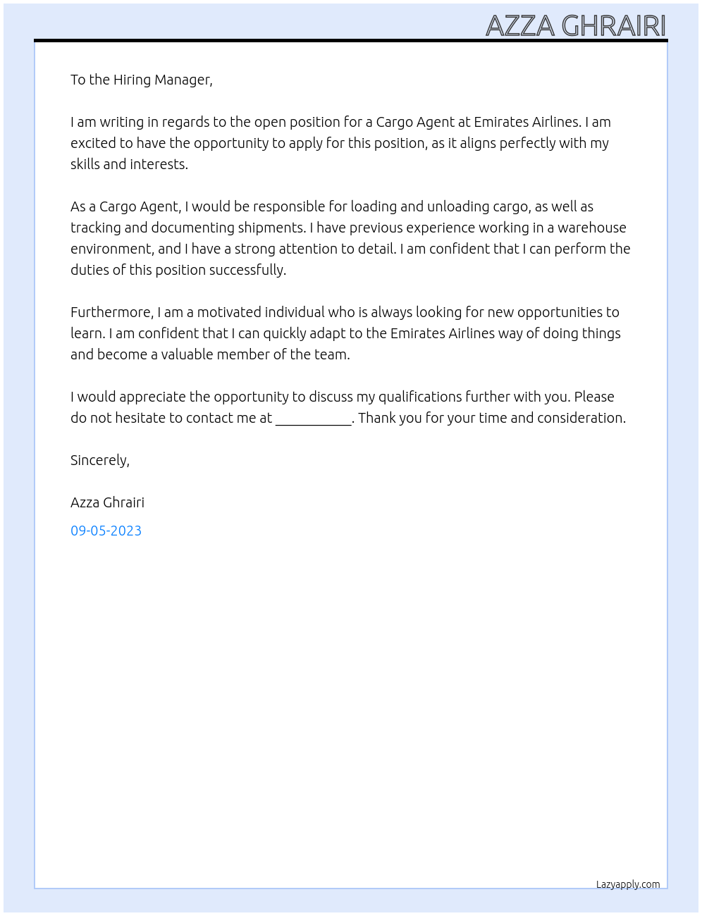 Cargo agent  At Emirates airline  Cover Letter
