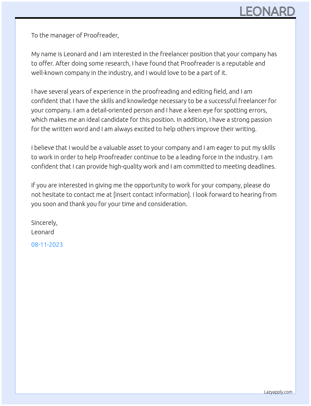 freelancer At proofreader Cover Letter