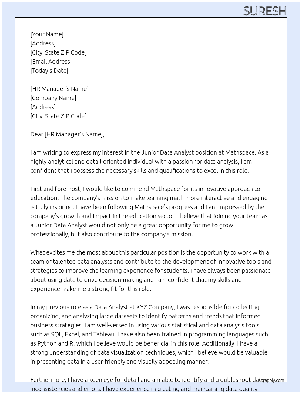 Junior data analyst At Mathspace Cover Letter