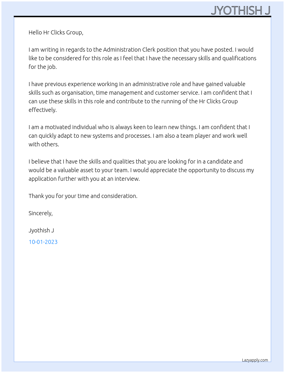 Administration Clerk At Clicksgroup Cover Letter