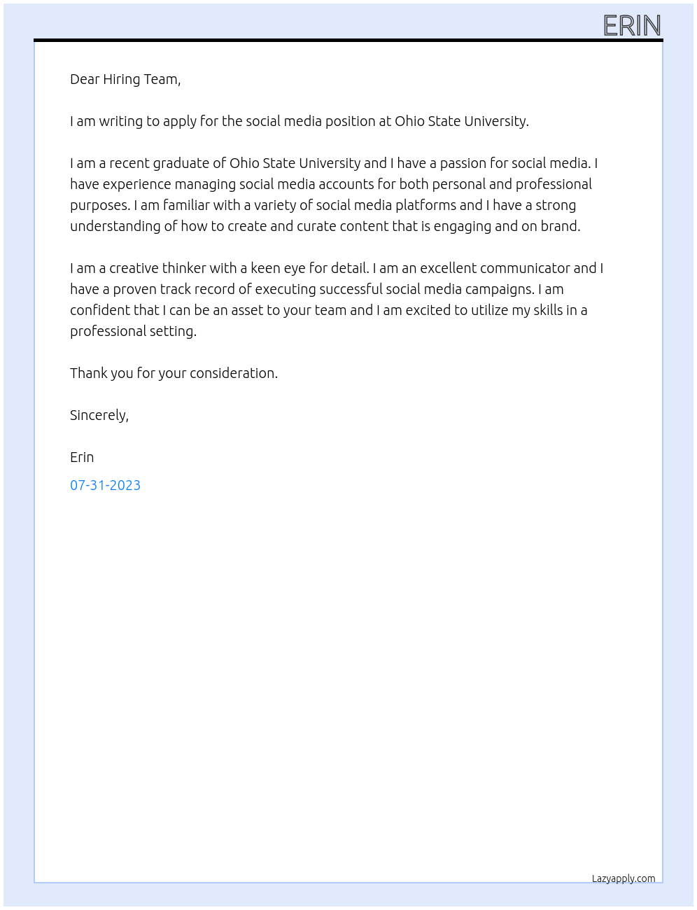 social media  At osu Cover Letter