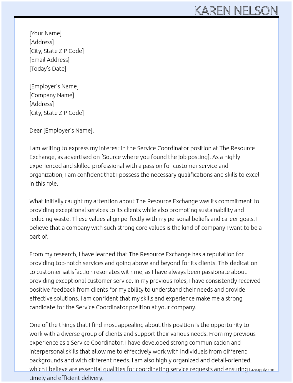 Service Coordinator At The resource exchange Cover Letter