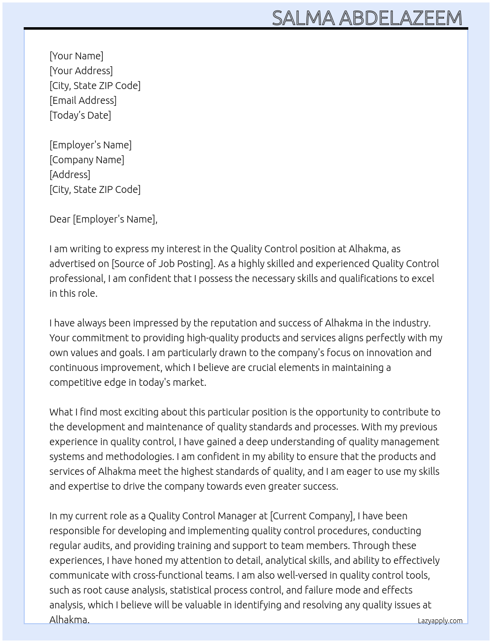 Quality Control At Alhakma Cover Letter