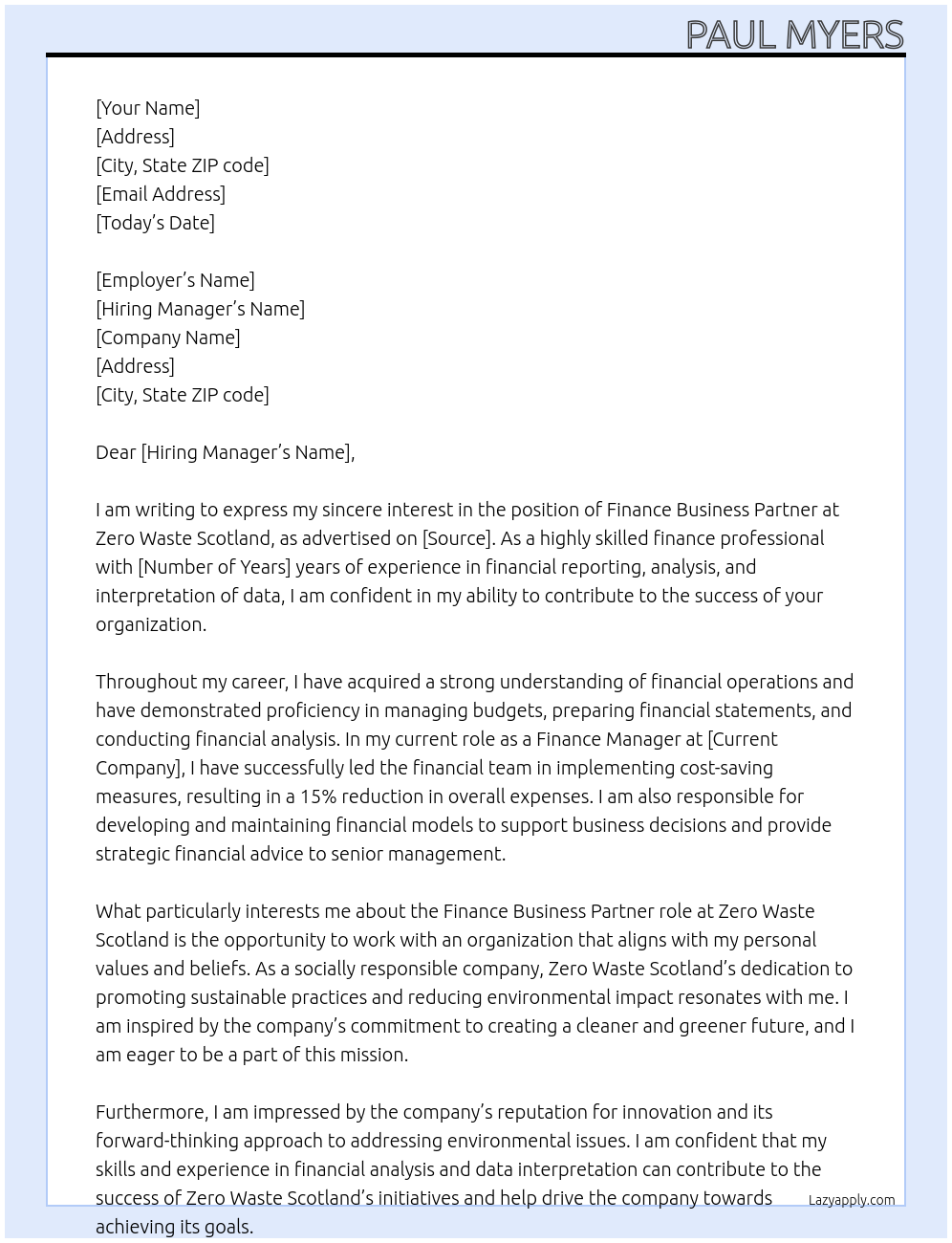Finance Business Partner At Zero Waste Scotland Cover Letter