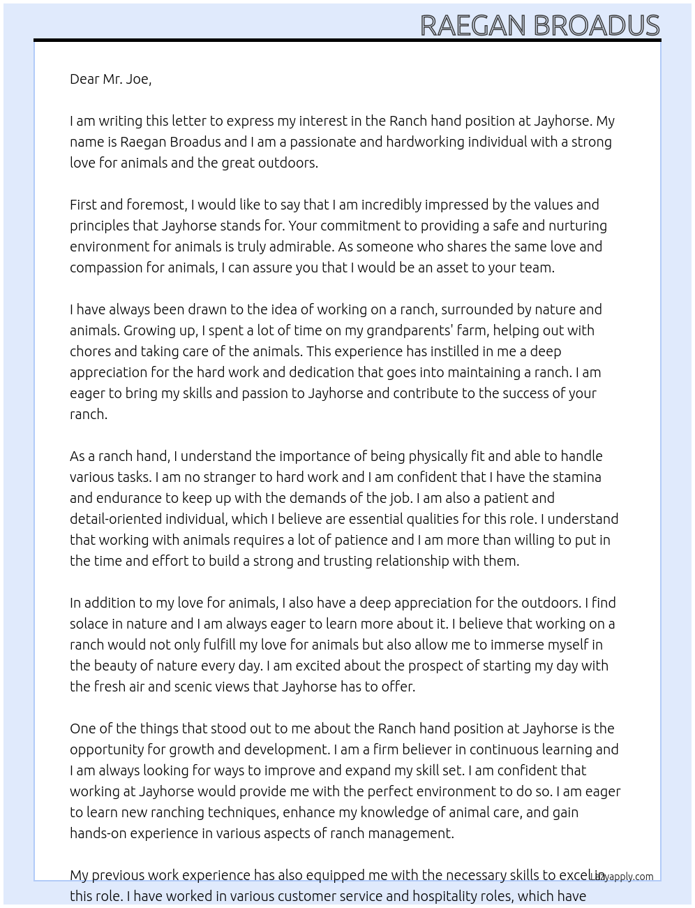 Ranch hand At Jayhorse Cover Letter