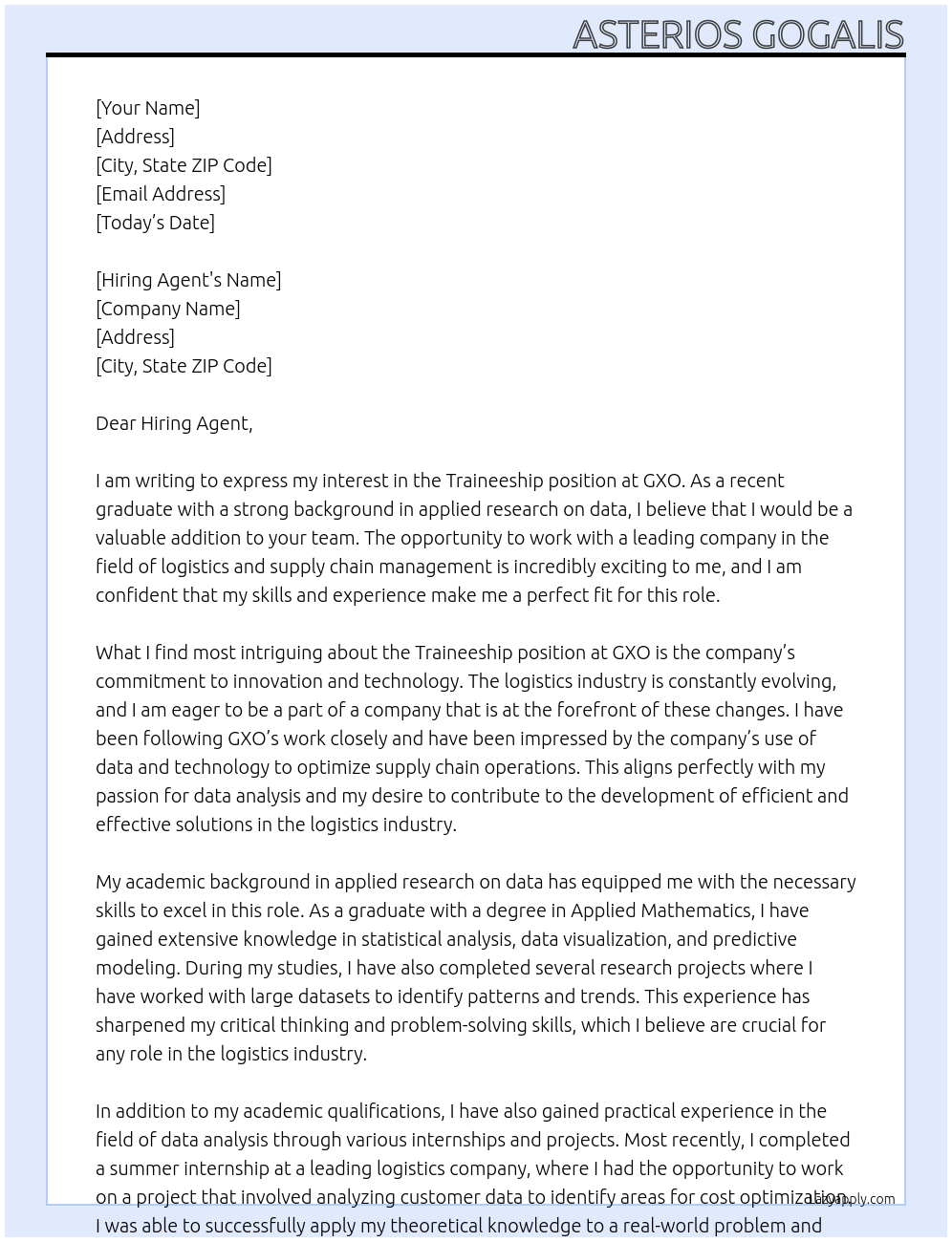 Traineeship At GXO Cover Letter