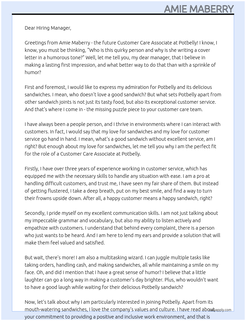 Customer Care Associate At Potbelly Cover Letter